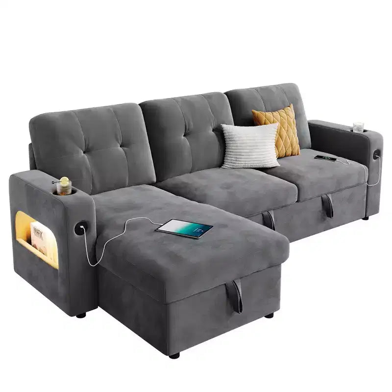 84 Inch Sleeper Sofa Couch, L-Shaped Sofa, Convertible Pull Out Sofa Bed with Storage, Charging Station, Led Lights, Modern Sectional Sofa for Room