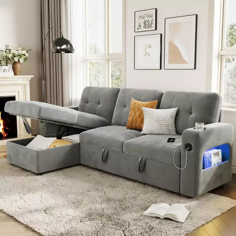 84 Inch Sleeper Sofa Couch, L-Shaped Sofa, Convertible Pull Out Sofa Bed with Storage, Charging Station, Led Lights, Modern Sectional Sofa for Room