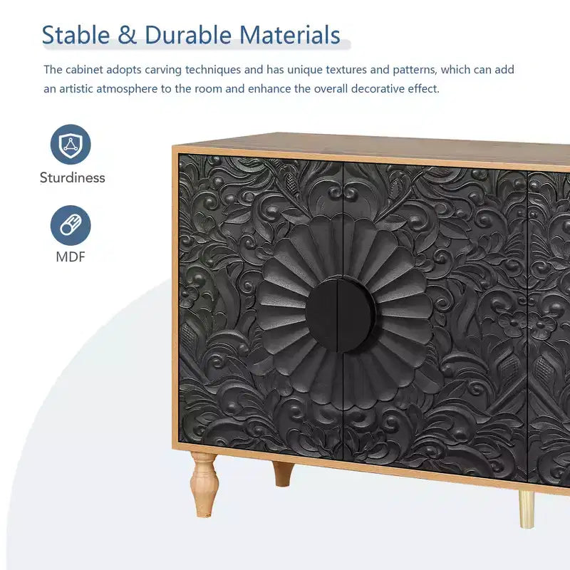 Sideboard Buffet, Wood Floor Cabinet With Carved Flower Door, Metal Handle, Freestanding Sideboard