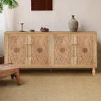 Sideboard Buffet, Wood Floor Cabinet With Carved Flower Door, Metal Handle, Freestanding Sideboard