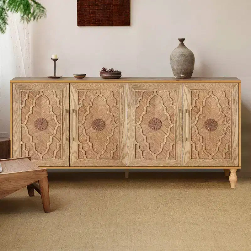 Sideboard Buffet, Wood Floor Cabinet With Carved Flower Door, Metal Handle, Freestanding Sideboard