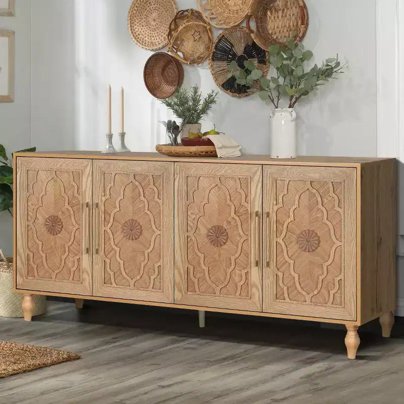 Sideboard Buffet, Wood Floor Cabinet With Carved Flower Door, Metal Handle, Freestanding Sideboard