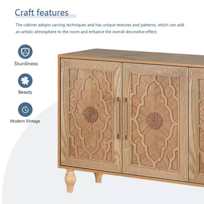 Sideboard Buffet, Wood Floor Cabinet With Carved Flower Door, Metal Handle, Freestanding Sideboard