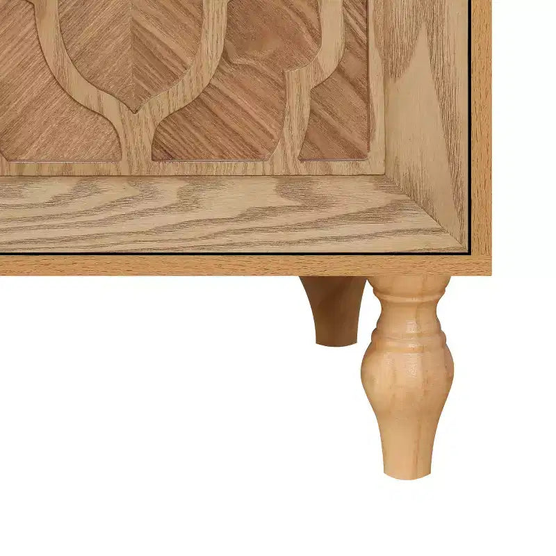Sideboard Buffet, Wood Floor Cabinet With Carved Flower Door, Metal Handle, Freestanding Sideboard