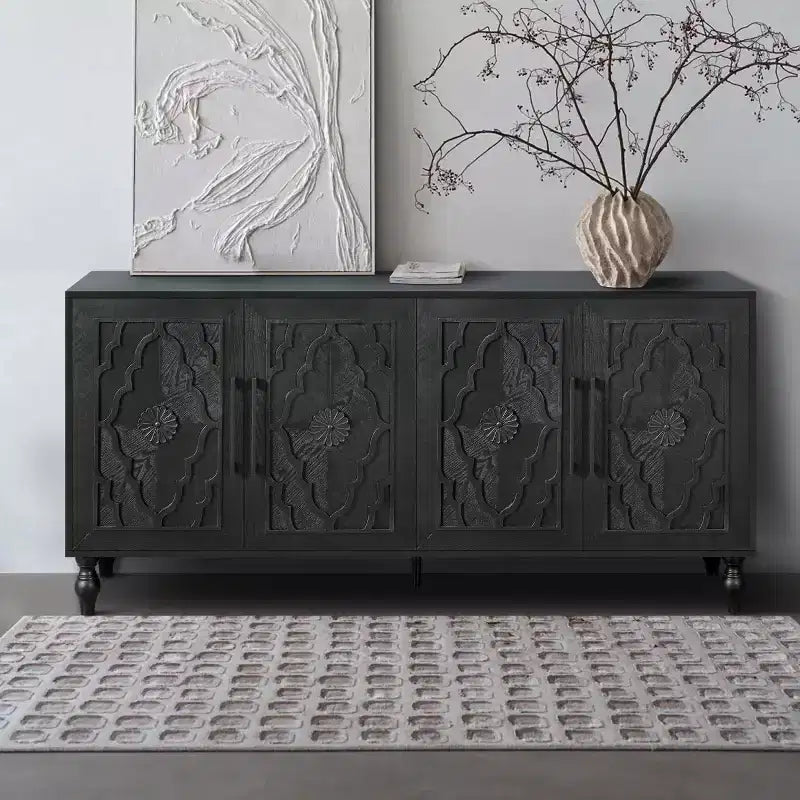 Sideboard Buffet, Wood Floor Cabinet With Carved Flower Door, Metal Handle, Freestanding Sideboard