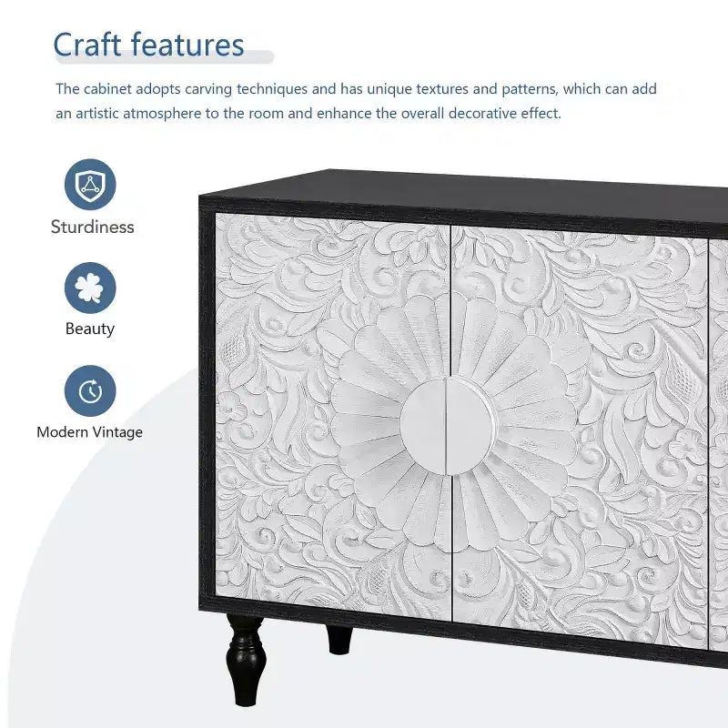 Sideboard Buffet, Wood Floor Cabinet With Carved Flower Door, Metal Handle, Freestanding Sideboard