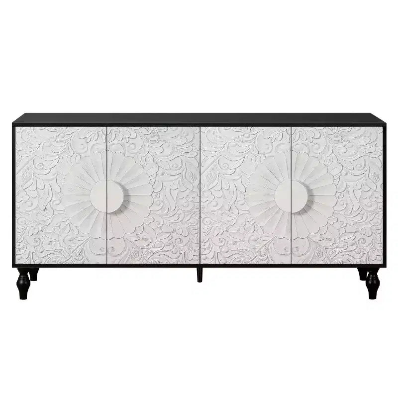 Sideboard Buffet, Wood Floor Cabinet With Carved Flower Door, Metal Handle, Freestanding Sideboard