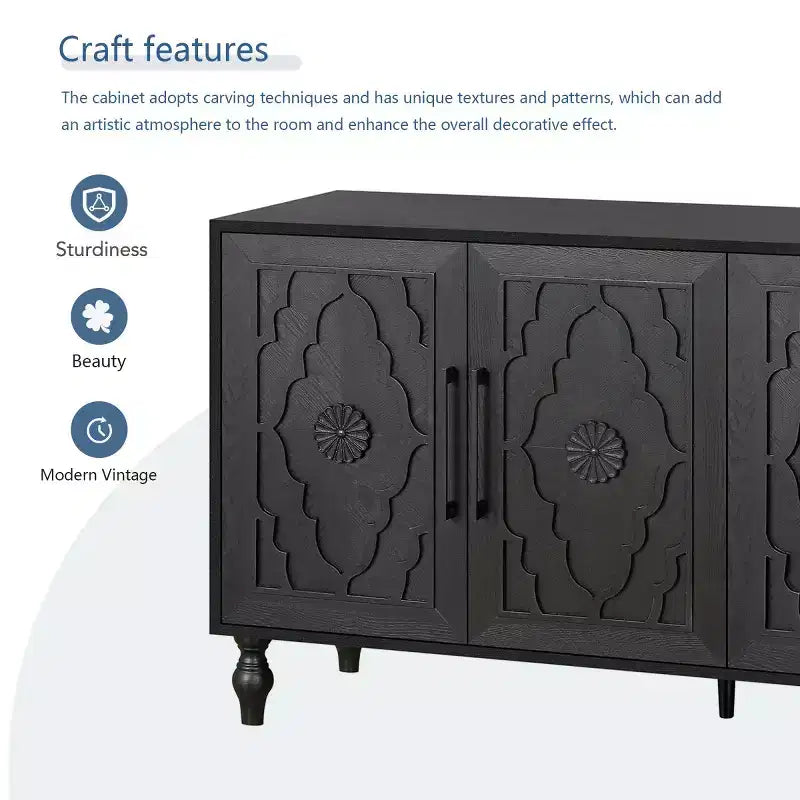 Sideboard Buffet, Wood Floor Cabinet With Carved Flower Door, Metal Handle, Freestanding Sideboard
