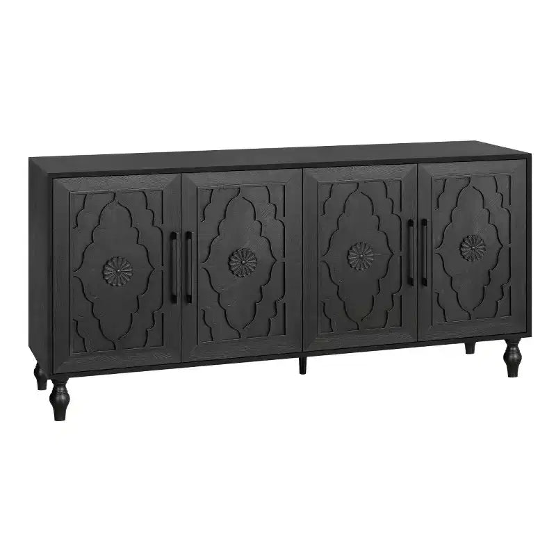 Sideboard Buffet, Wood Floor Cabinet With Carved Flower Door, Metal Handle, Freestanding Sideboard