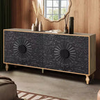 Sideboard Buffet, Wood Floor Cabinet With Carved Flower Door, Metal Handle, Freestanding Sideboard
