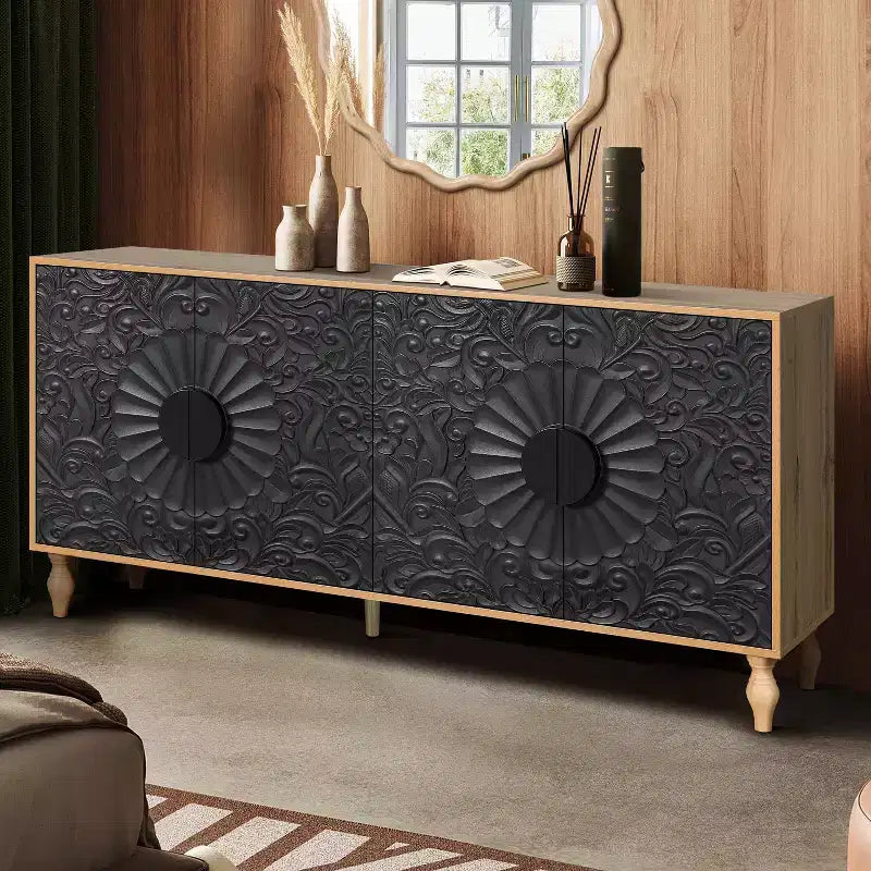 Sideboard Buffet, Wood Floor Cabinet With Carved Flower Door, Metal Handle, Freestanding Sideboard