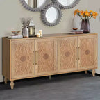 Sideboard Buffet, Wood Floor Cabinet With Carved Flower Door, Metal Handle, Freestanding Sideboard