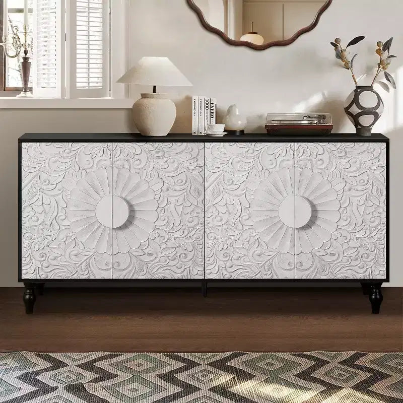 Sideboard Buffet, Wood Floor Cabinet With Carved Flower Door, Metal Handle, Freestanding Sideboard