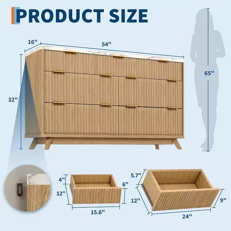 Fluted 7 Drawers Dresser for Bedroom, 54 Wide Modern Chest of Drawers, Wood Storage Cabinet Organizer for Bedroom, Living Room, Hallway