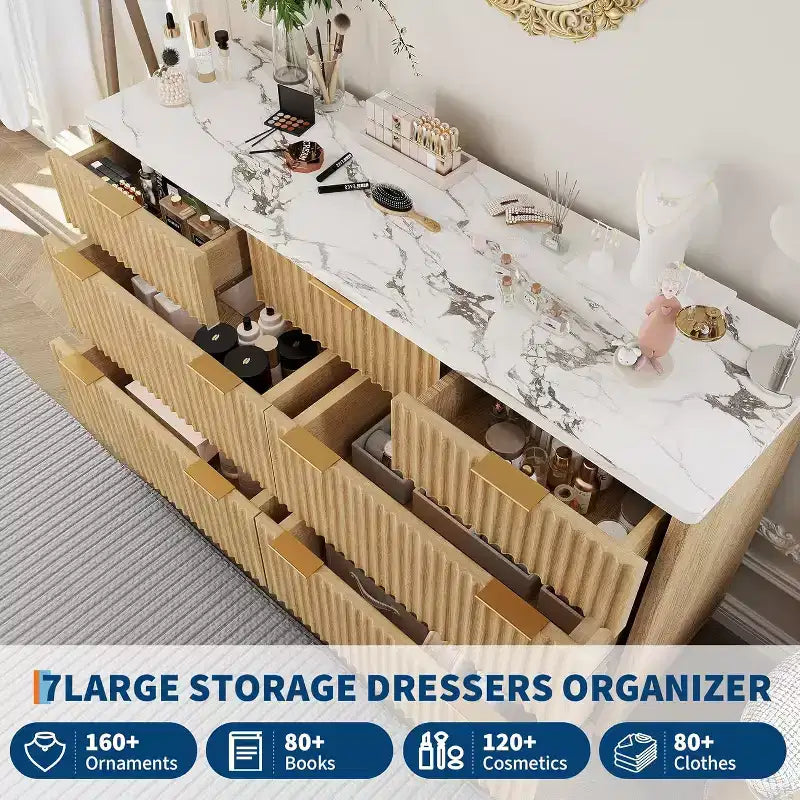 Fluted 7 Drawers Dresser for Bedroom, 54 Wide Modern Chest of Drawers, Wood Storage Cabinet Organizer for Bedroom, Living Room, Hallway