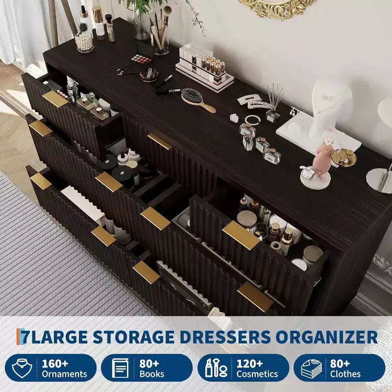 Fluted 7 Drawers Dresser for Bedroom, 54 Wide Modern Chest of Drawers, Wood Storage Cabinet Organizer for Bedroom, Living Room, Hallway