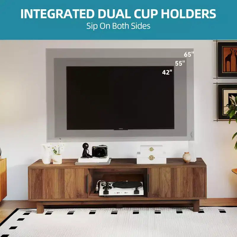Fluted TV Stands for TVs up to 65 Inches, Entertainment Center with Power Outlets & Storage , Wooden TV Console for Living Room, Walnut