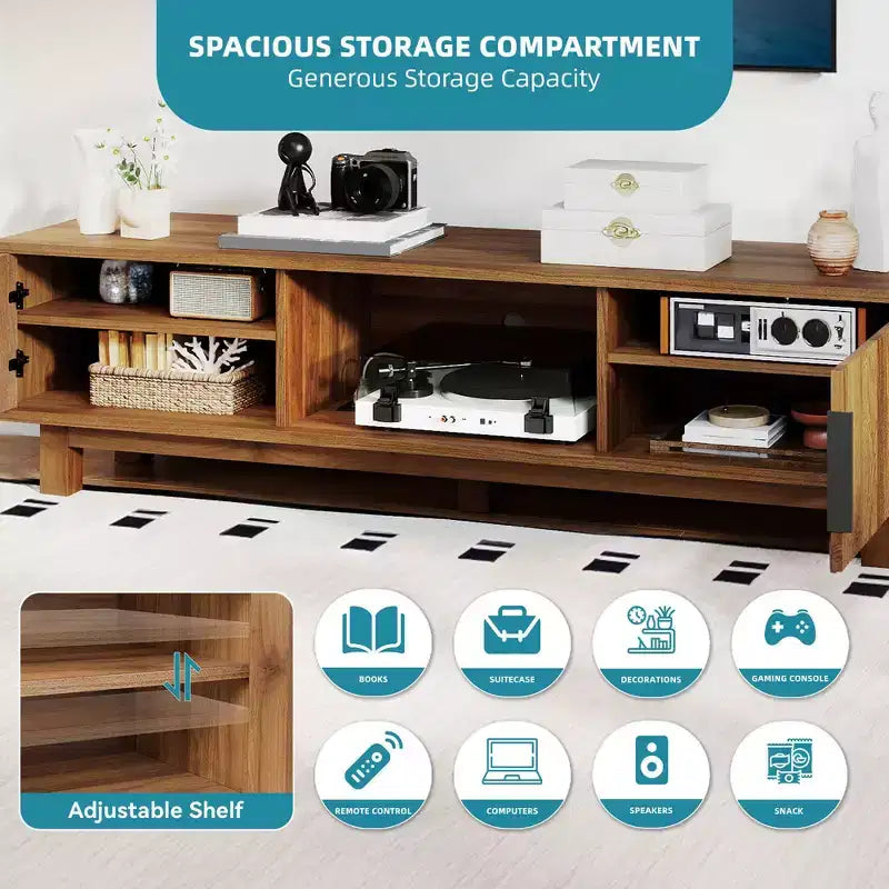 Fluted TV Stands for TVs up to 65 Inches, Entertainment Center with Power Outlets & Storage , Wooden TV Console for Living Room, Walnut