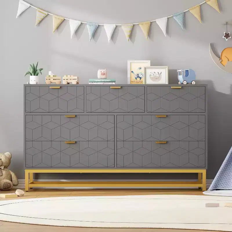 Acekool Drawer Dresser, 53.5 Wide Modern Chest with Fluted Front, Gold Handles & Metal Legs, Storage Organizer for Bedroom, Closet
