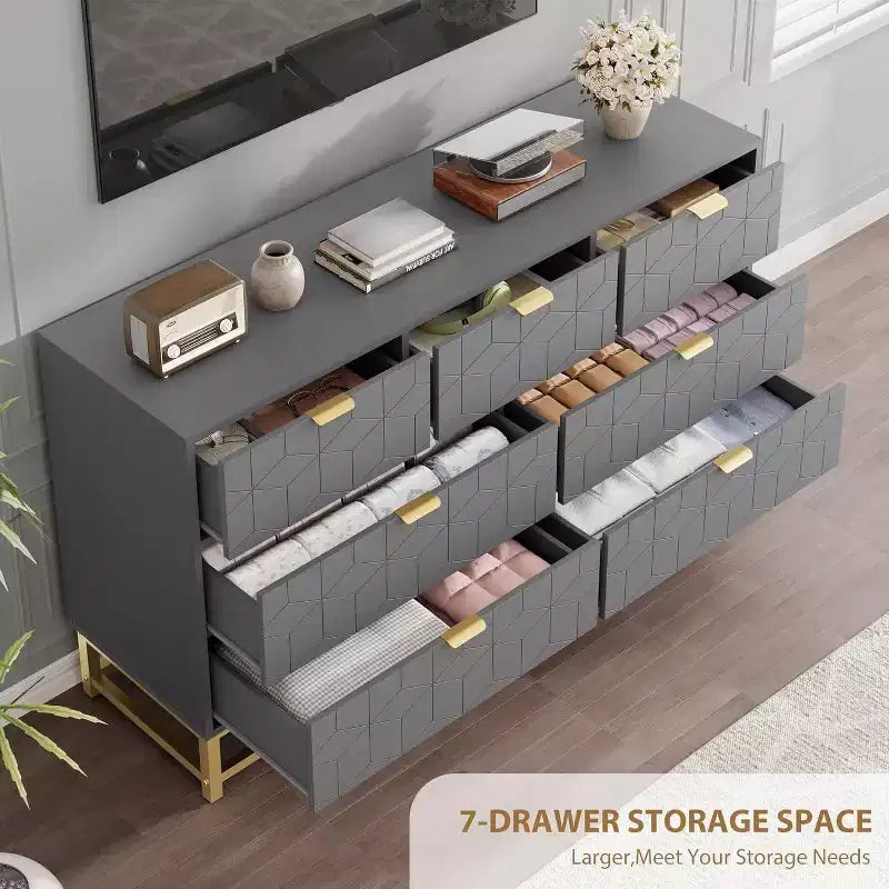 Acekool Drawer Dresser, 53.5 Wide Modern Chest with Fluted Front, Gold Handles & Metal Legs, Storage Organizer for Bedroom, Closet