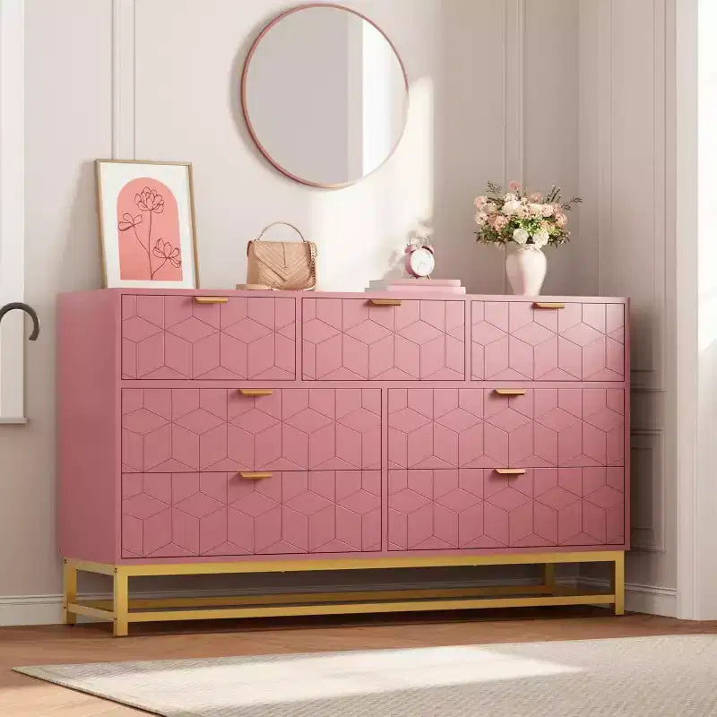 Acekool Drawer Dresser, 53.5 Wide Modern Chest with Fluted Front, Gold Handles & Metal Legs, Storage Organizer for Bedroom, Closet