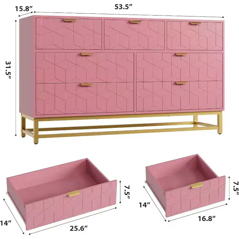 Acekool Drawer Dresser, 53.5 Wide Modern Chest with Fluted Front, Gold Handles & Metal Legs, Storage Organizer for Bedroom, Closet