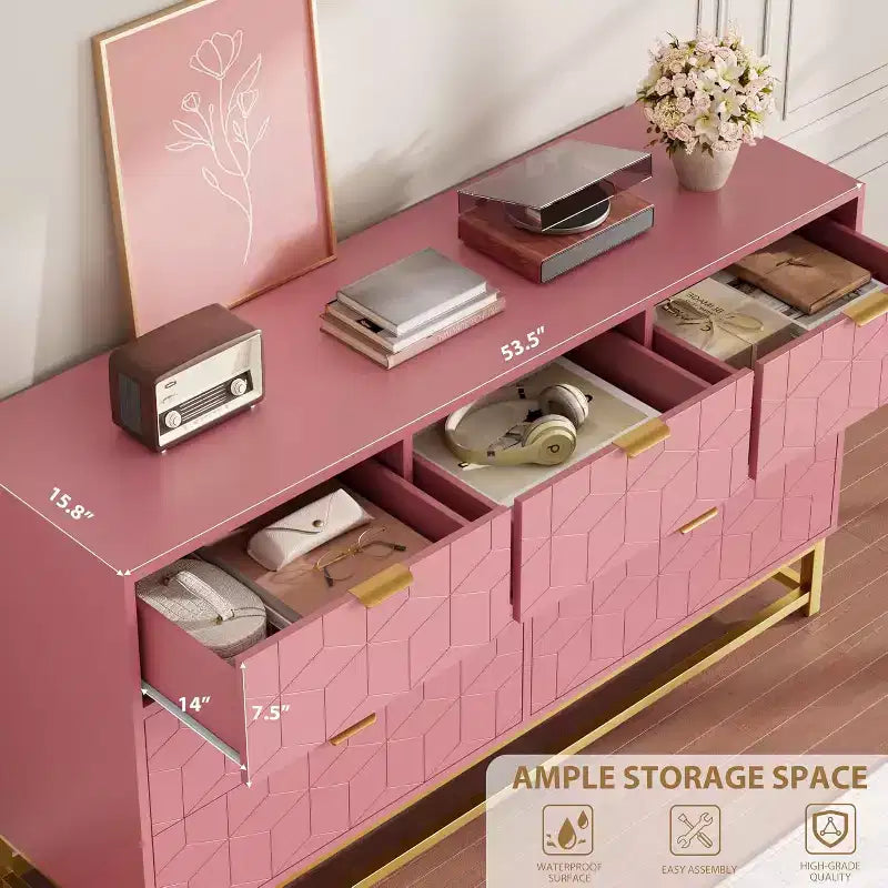 Acekool Drawer Dresser, 53.5 Wide Modern Chest with Fluted Front, Gold Handles & Metal Legs, Storage Organizer for Bedroom, Closet