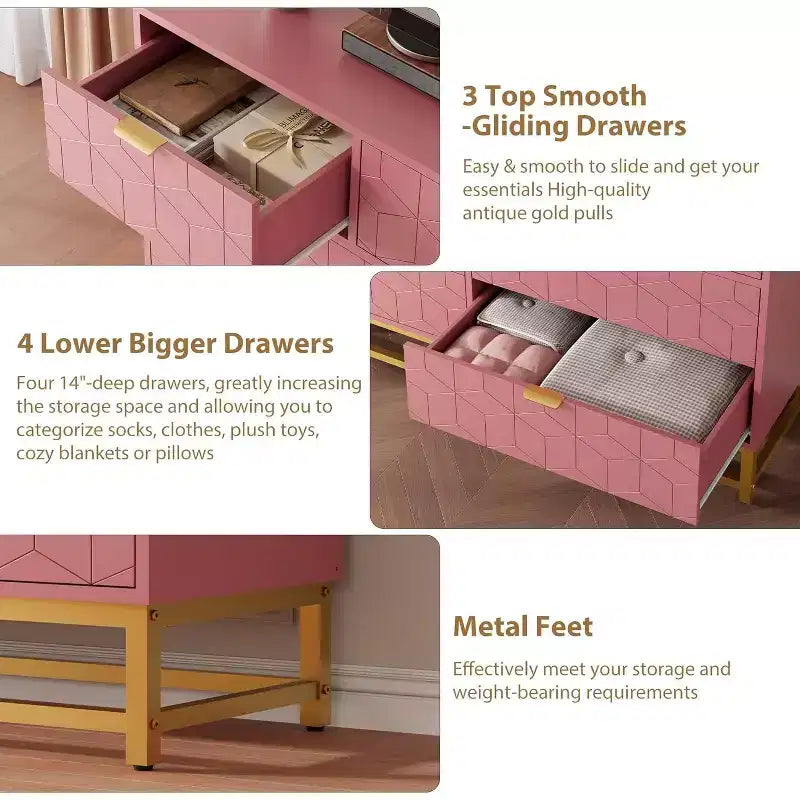 Acekool Drawer Dresser, 53.5 Wide Modern Chest with Fluted Front, Gold Handles & Metal Legs, Storage Organizer for Bedroom, Closet
