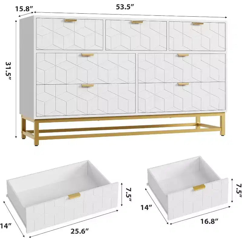 Acekool Drawer Dresser, 53.5 Wide Modern Chest with Fluted Front, Gold Handles & Metal Legs, Storage Organizer for Bedroom, Closet