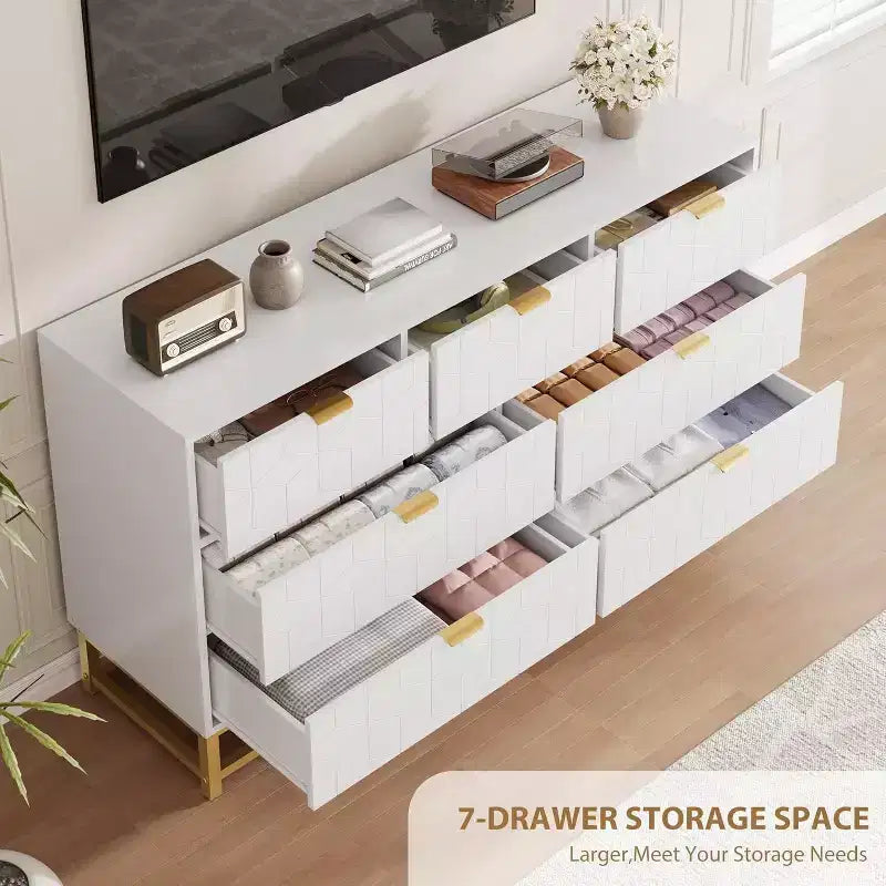 Acekool Drawer Dresser, 53.5 Wide Modern Chest with Fluted Front, Gold Handles & Metal Legs, Storage Organizer for Bedroom, Closet