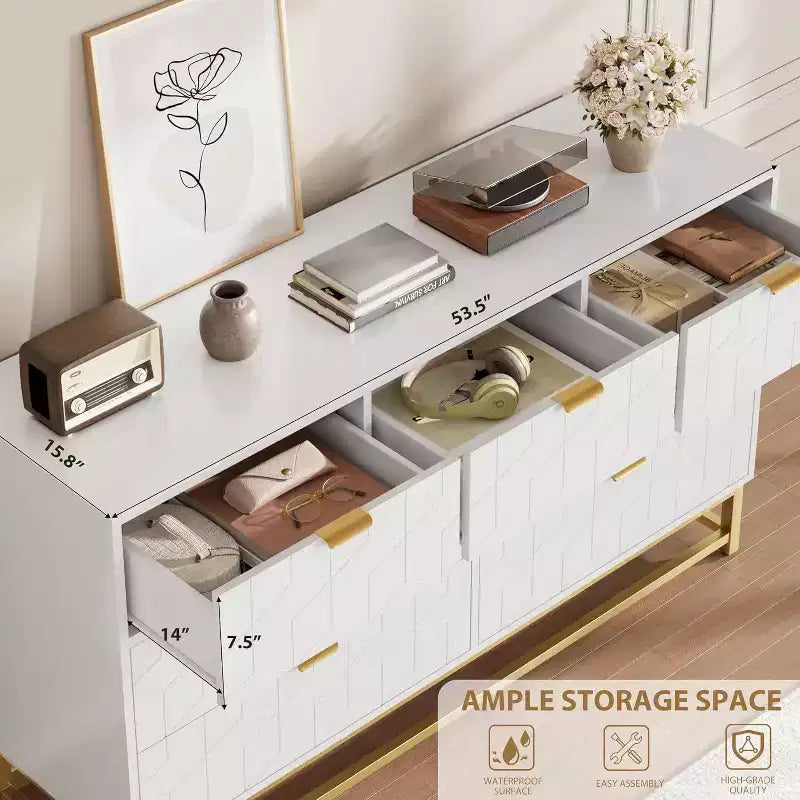 Acekool Drawer Dresser, 53.5 Wide Modern Chest with Fluted Front, Gold Handles & Metal Legs, Storage Organizer for Bedroom, Closet