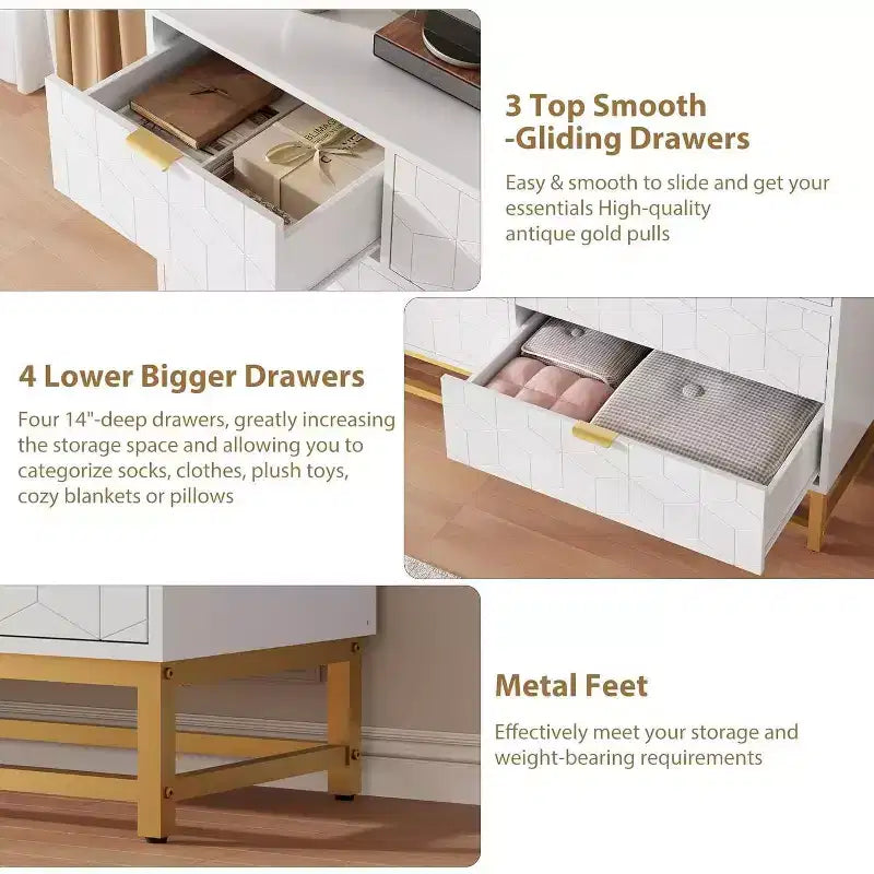Acekool Drawer Dresser, 53.5 Wide Modern Chest with Fluted Front, Gold Handles & Metal Legs, Storage Organizer for Bedroom, Closet