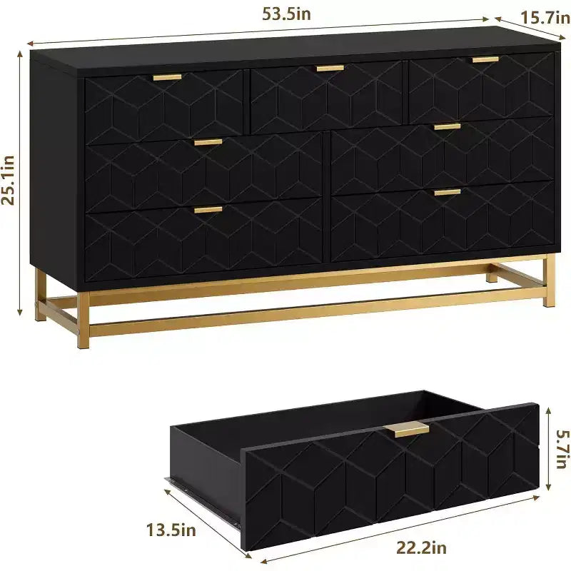 Acekool Drawer Dresser, 53.5 Wide Modern Chest with Fluted Front, Gold Handles & Metal Legs, Storage Organizer for Bedroom, Closet
