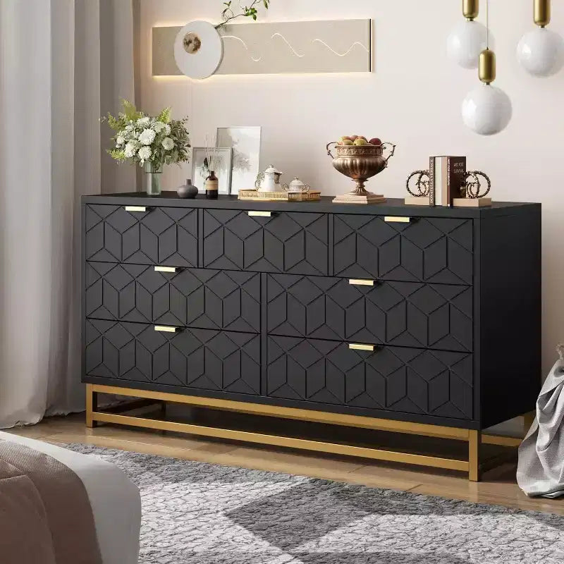 Acekool Drawer Dresser, 53.5 Wide Modern Chest with Fluted Front, Gold Handles & Metal Legs, Storage Organizer for Bedroom, Closet