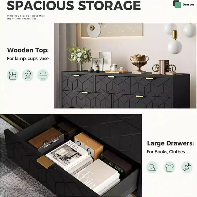 Acekool Drawer Dresser, 53.5 Wide Modern Chest with Fluted Front, Gold Handles & Metal Legs, Storage Organizer for Bedroom, Closet