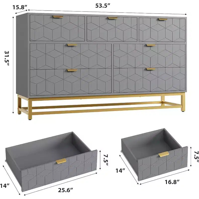 Acekool Drawer Dresser, 53.5 Wide Modern Chest with Fluted Front, Gold Handles & Metal Legs, Storage Organizer for Bedroom, Closet