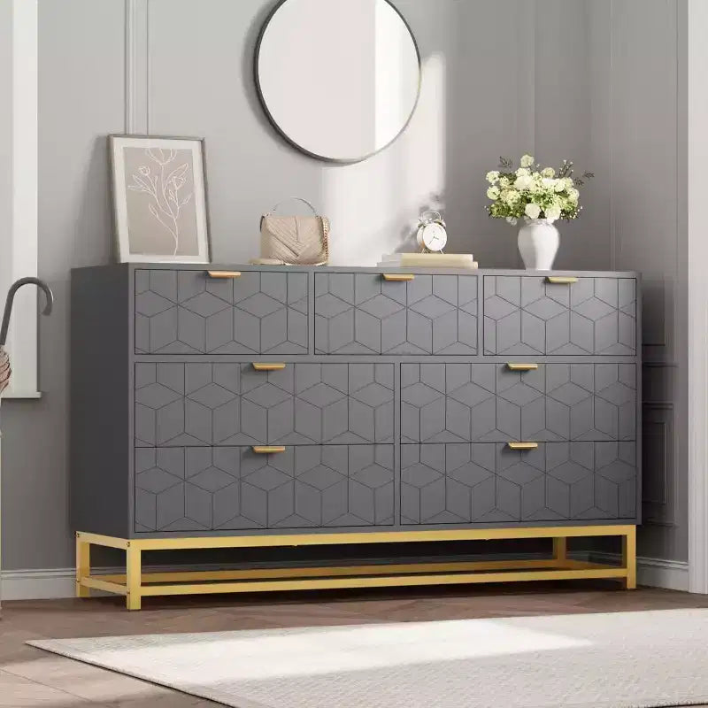 Acekool Drawer Dresser, 53.5 Wide Modern Chest with Fluted Front, Gold Handles & Metal Legs, Storage Organizer for Bedroom, Closet