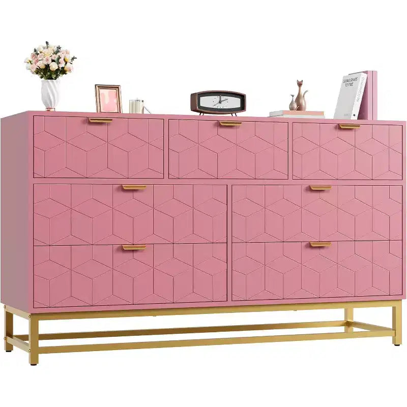 Acekool Drawer Dresser, 53.5 Wide Modern Chest with Fluted Front, Gold Handles & Metal Legs, Storage Organizer for Bedroom, Closet