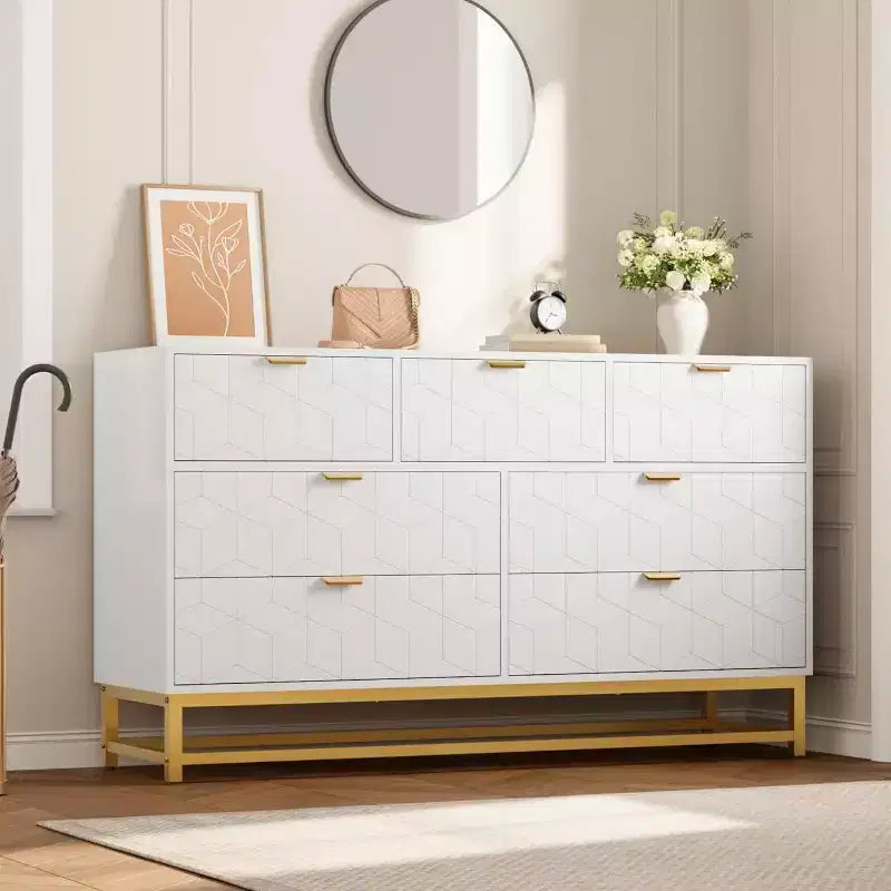 Acekool Drawer Dresser, 53.5 Wide Modern Chest with Fluted Front, Gold Handles & Metal Legs, Storage Organizer for Bedroom, Closet