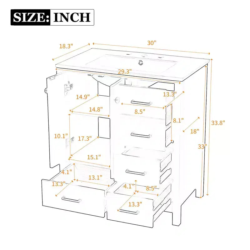 30 Bathroom Vanity with Sink, Bathroom Storage Cabinet with Drawers, Single Sink Bathroom Vanity with Soft Closing Doors