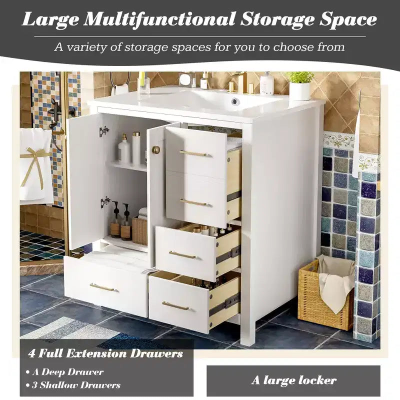 30 Bathroom Vanity with Sink, Bathroom Storage Cabinet with Drawers, Single Sink Bathroom Vanity with Soft Closing Doors