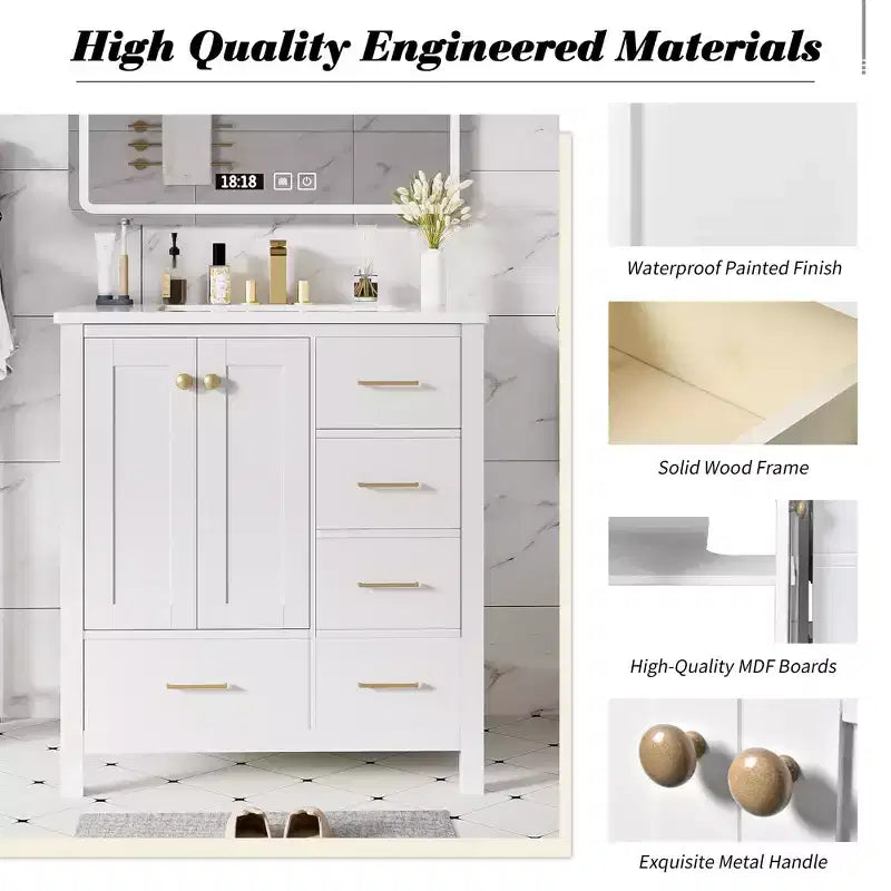 30 Bathroom Vanity with Sink, Bathroom Storage Cabinet with Drawers, Single Sink Bathroom Vanity with Soft Closing Doors