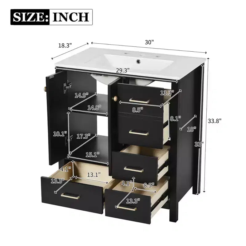 30 Bathroom Vanity with Sink, Bathroom Storage Cabinet with Drawers, Single Sink Bathroom Vanity with Soft Closing Doors