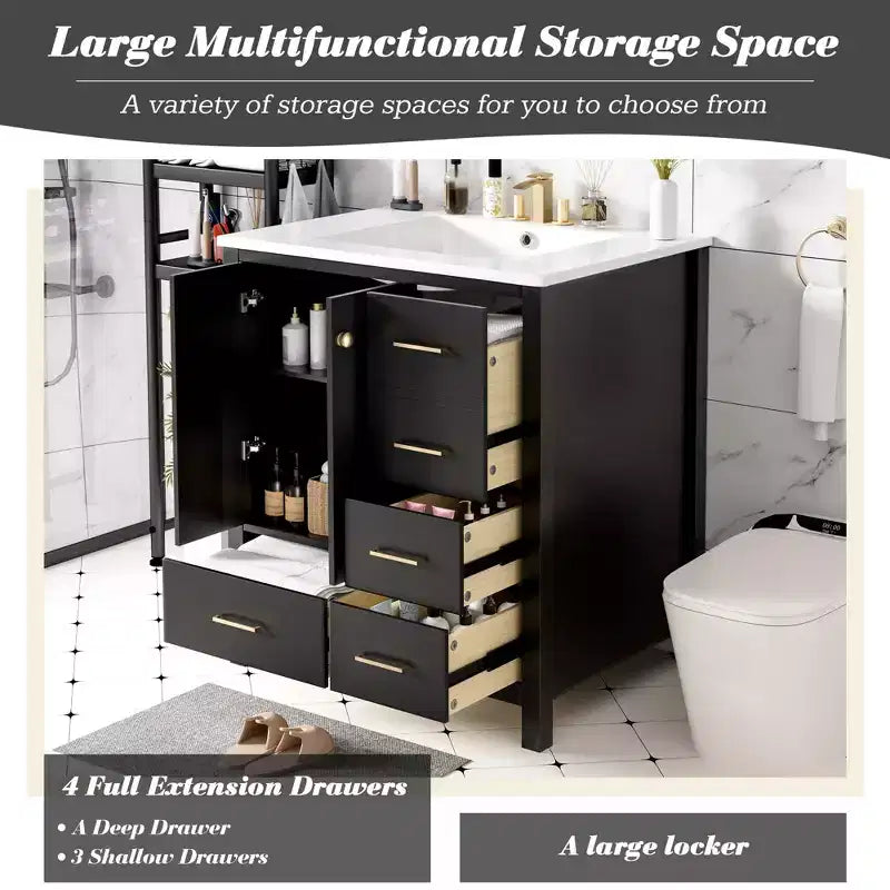 30 Bathroom Vanity with Sink, Bathroom Storage Cabinet with Drawers, Single Sink Bathroom Vanity with Soft Closing Doors