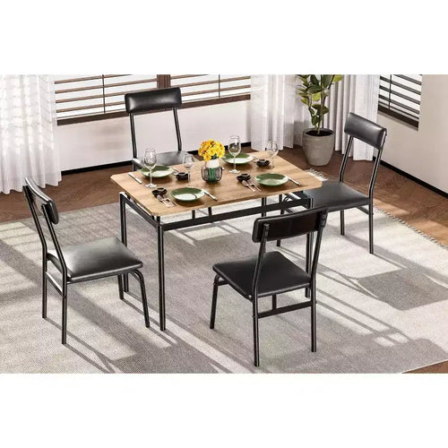 5 Piece Dining Table Set, Wooden Kitchen Table Set with 4 PU Upholstered Chair, Industrial Metal Frame Dinette Set
