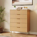 Modern Fluted 5-Drawer Dresser 47.72 Tall, Natural Oak, Gold Handles, 200 lbs Top, Anti-Tip, Waterproof, Bedroom/Hallway Statement Storage