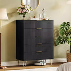 Modern Fluted 5-Drawer Dresser 47.72 Tall, Natural Oak, Gold Handles, 200 lbs Top, Anti-Tip, Waterproof, Bedroom/Hallway Statement Storage