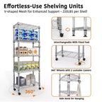 5-Tier Metal Storage Shelves with Wheels & Handle, Adjustable Wire Rack for Kitchen, Garage or Pantry, 1100LBS Capacity, Silver