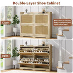 Garvee Rattan Shoe Storage Cabinet with 4 Flip Drawers, Hidden Shoe Storage Organizer Cabinet, Wide Freestanding Wood Breathable Shoe Rack Cabinet