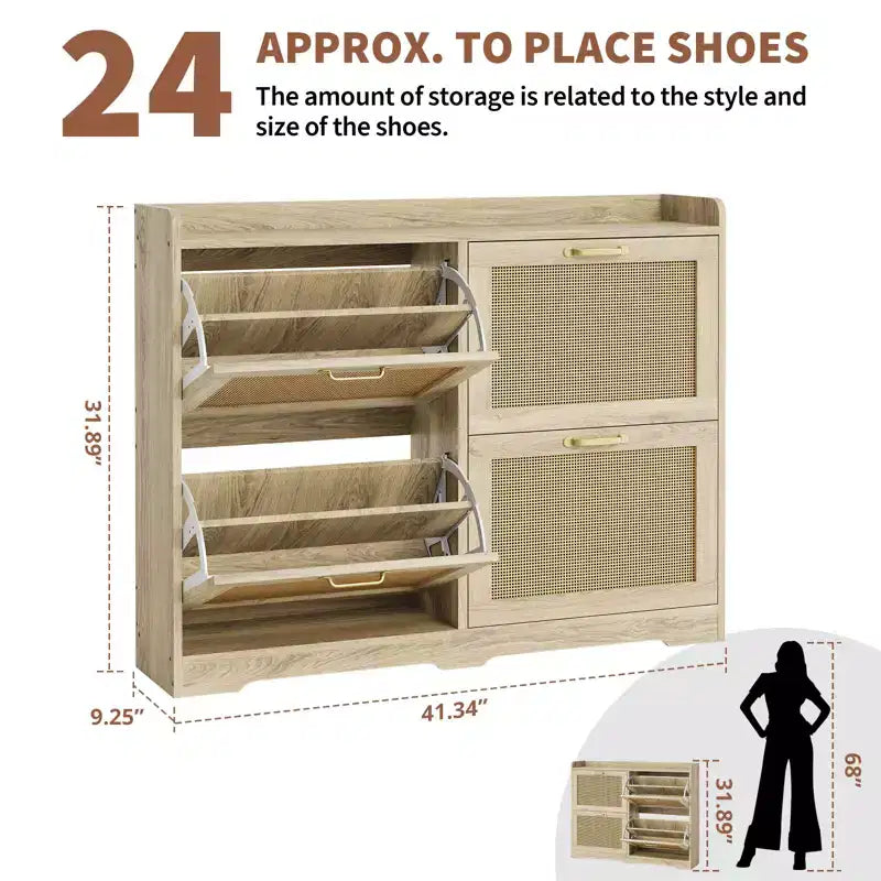 Garvee Rattan Shoe Storage Cabinet with 4 Flip Drawers, Hidden Shoe Storage Organizer Cabinet, Wide Freestanding Wood Breathable Shoe Rack Cabinet